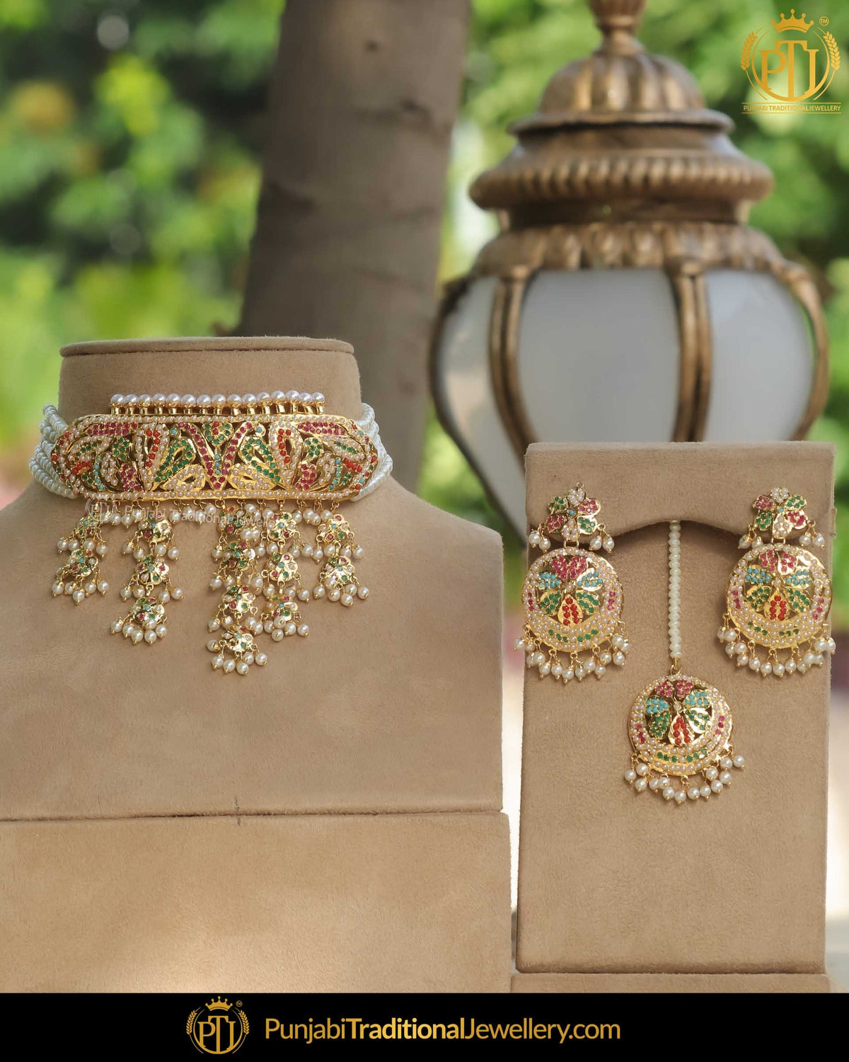 Gold Finished Navratan Pearl Choker Necklace Set | Punjabi Traditional Jewellery Exclusive