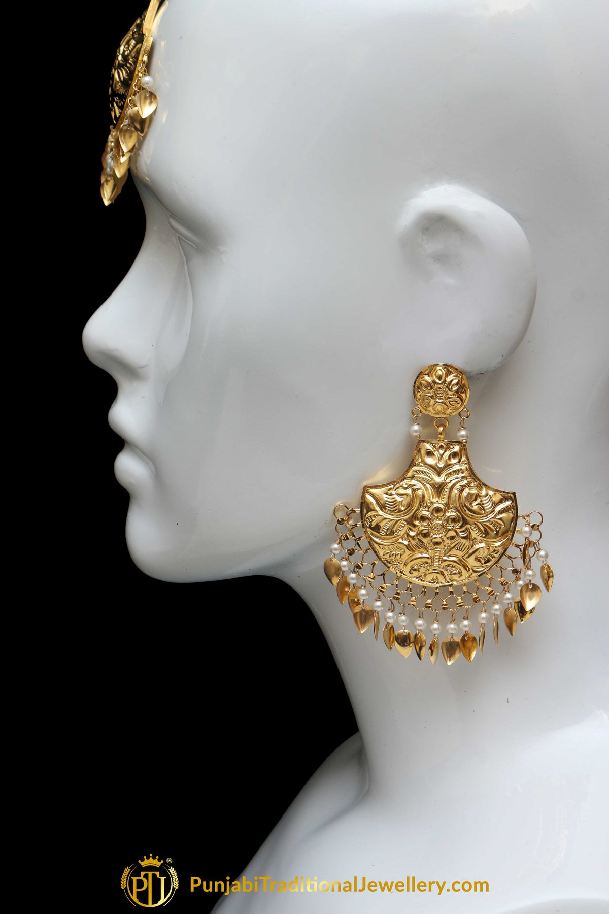 Golden Gold Plated Pippal Patti Earring Tikka Set By Punjabi Traditional Jewellery