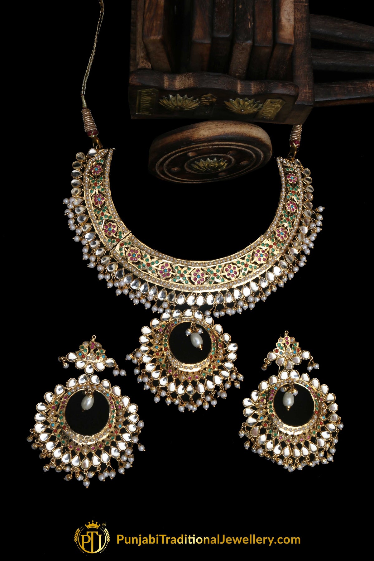 Multi Jadau Pearl Kundan Necklace Set By Punjabi Traditional Jewellery