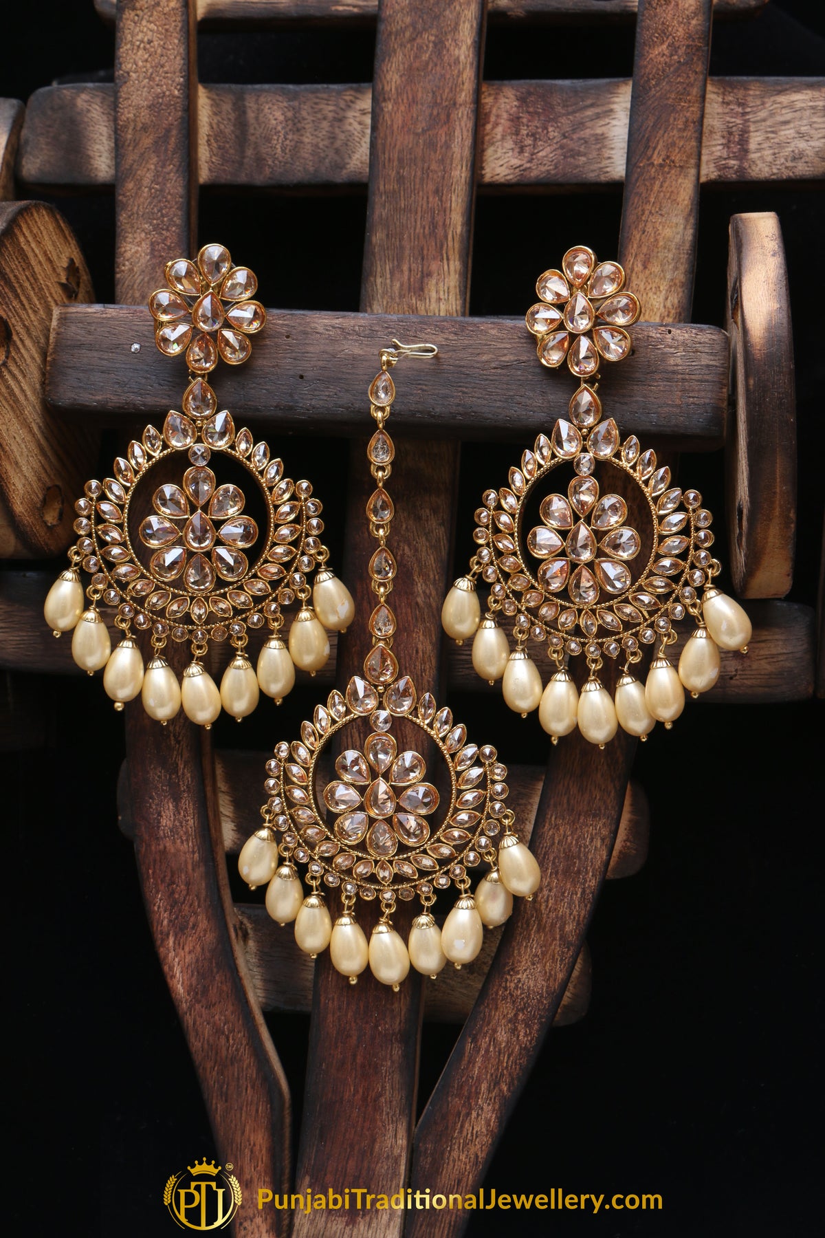 Champagne Stone Earring Tikka Set By Punjabi Traditional Jewellery