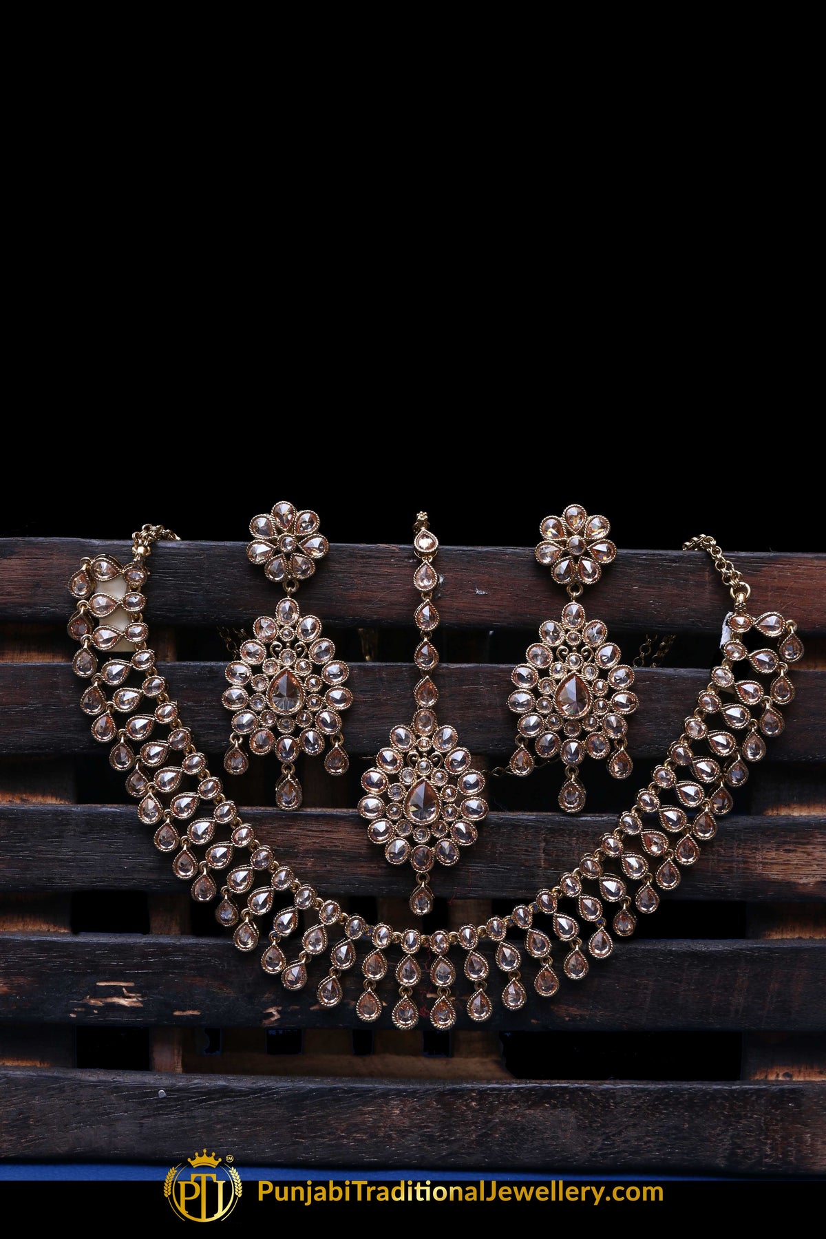 Golden Champagne Stone Necklace Set By Punjabi Traditional Jewellery