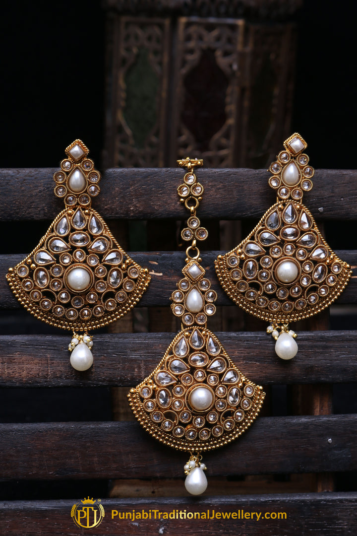 White Pearl Polki Earring Tikka Set By Punjabi Traditional Jewellery