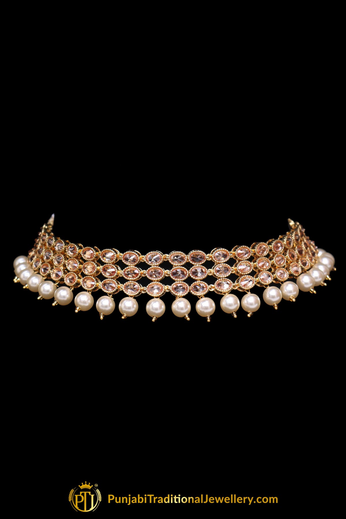 Pearl Champagne Stone Necklace Set By Punjabi Taditional Jewellery