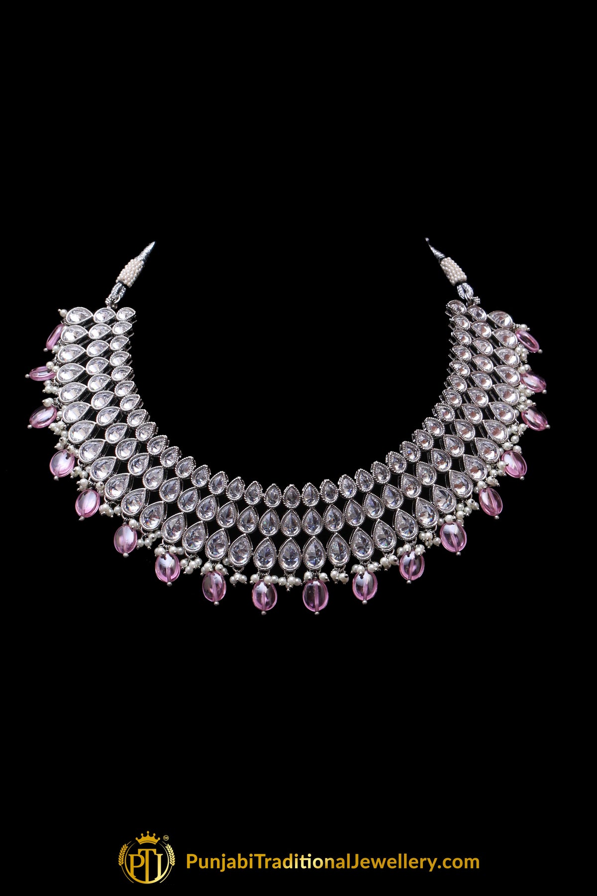 Pink Polki Necklace Set By Punjabi Traditional Jewellery