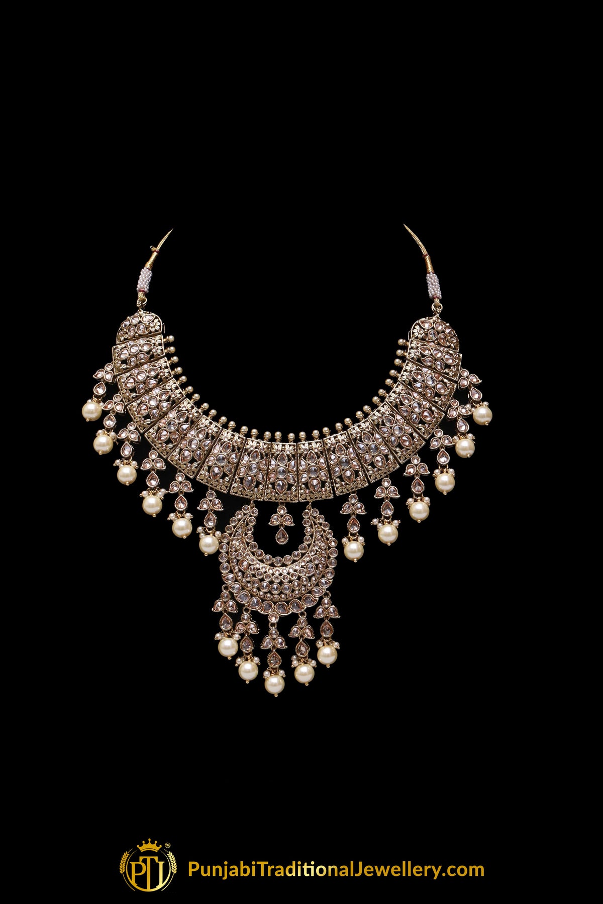 Golden Champagne Stone Necklace Set By Punjabi Traditional Jewellery