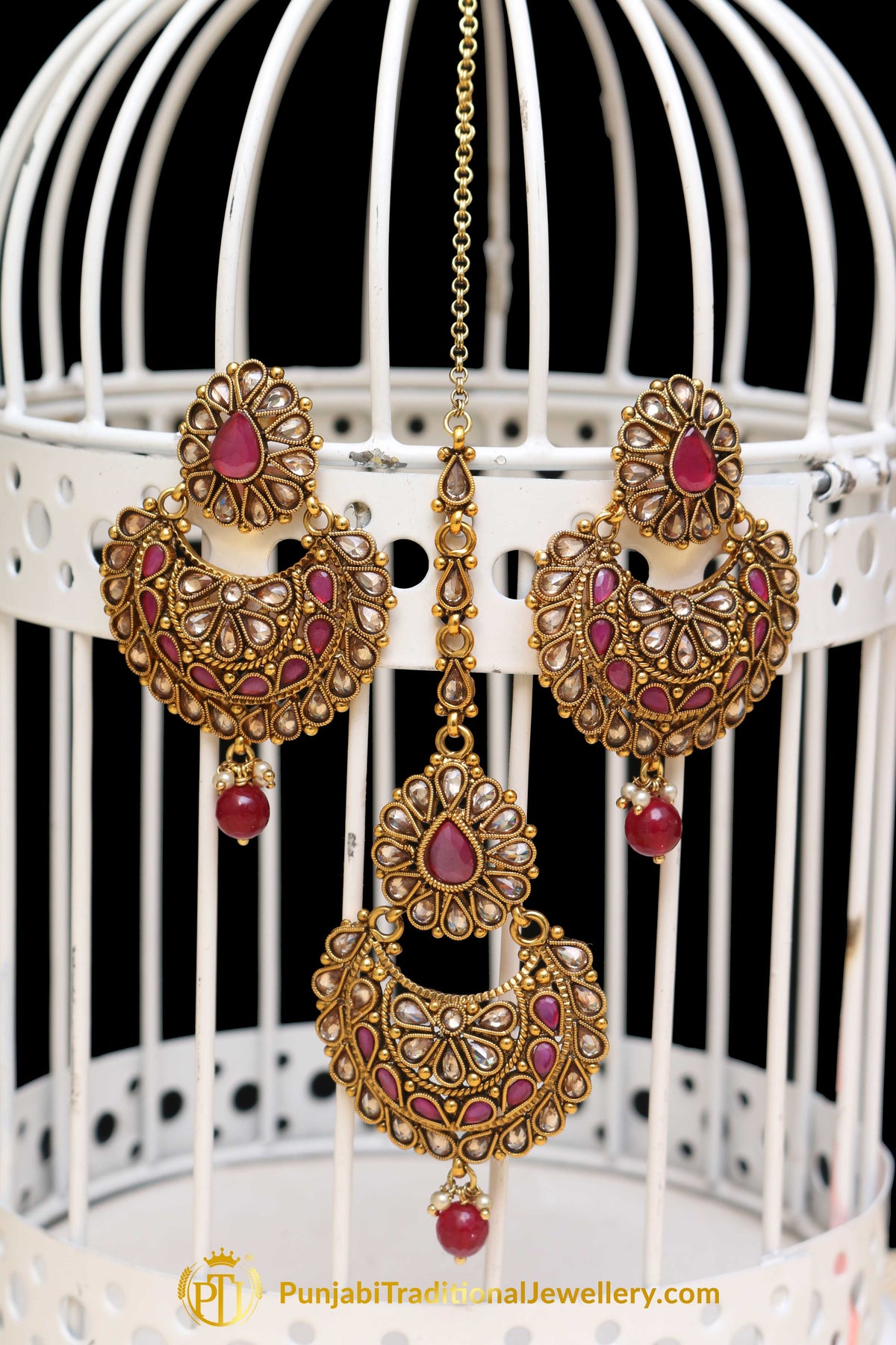 Champagne Stone Red Pearl Earring Tikka Set By Punjabi Traditional Jewellery