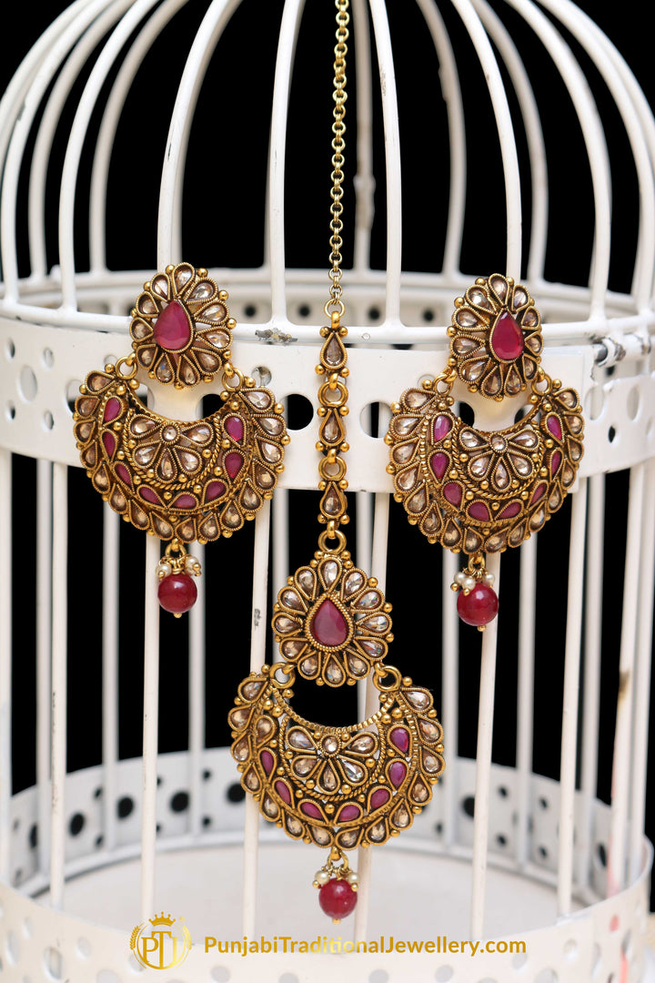 Champagne Stone Red Pearl Earring Tikka Set By Punjabi Traditional Jewellery