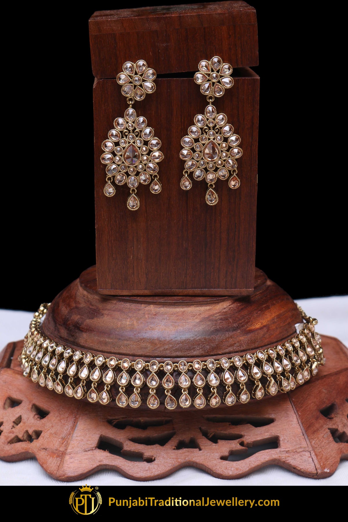 Golden Champagne Stone Necklace Set By Punjabi Traditional Jewellery