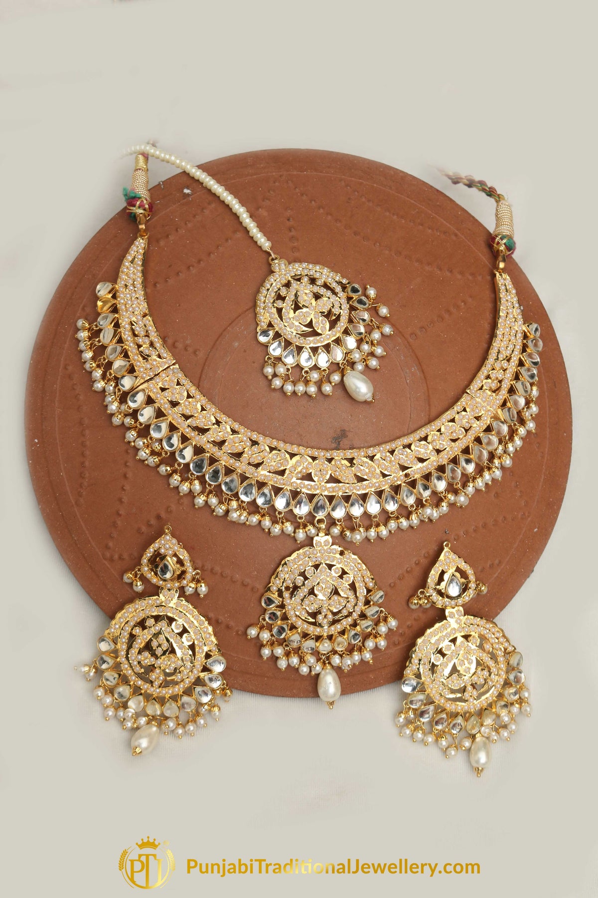 Golden Jadau Pearl Kundan Necklace Set By Punjabi Taditional Jewellery
