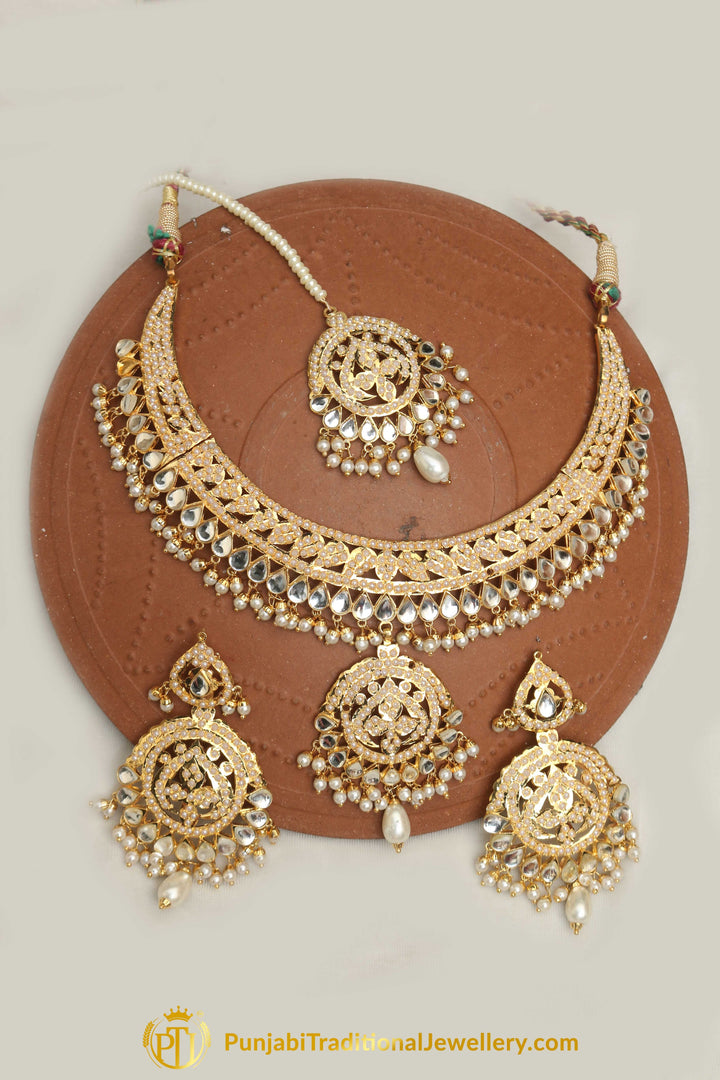 Golden Jadau Pearl Kundan Necklace Set By Punjabi Taditional Jewellery
