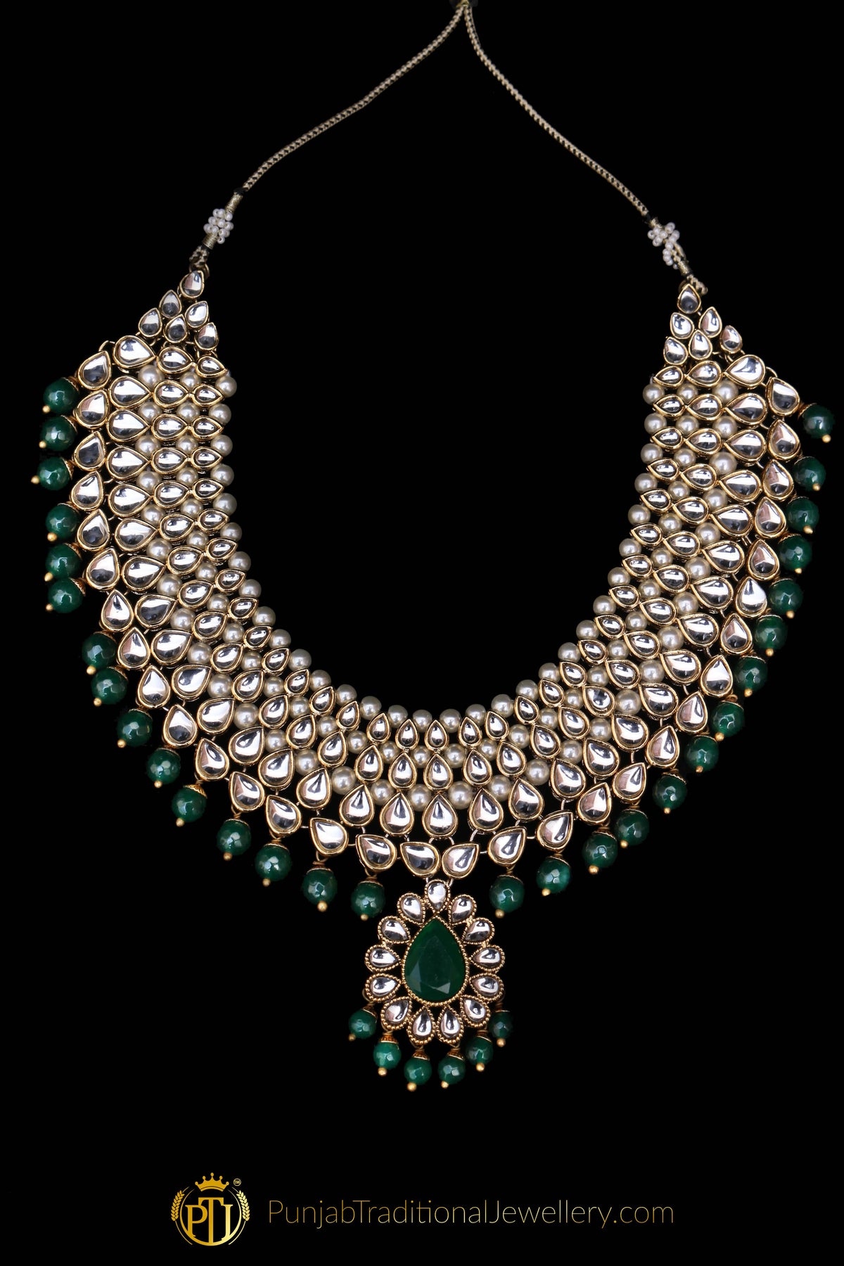 White Green Pearl Kundan Necklace Set By  Punjabi Traditional Jewellery