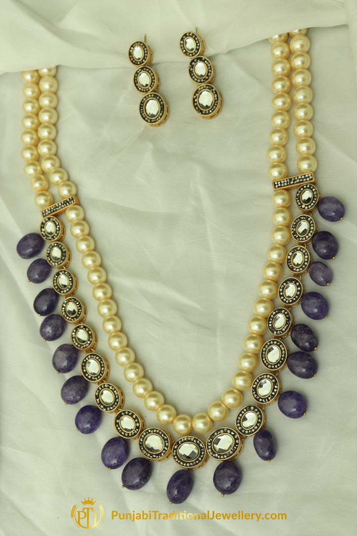 Blue Kundan Mala Necklace Set By Punjabi Traditional Jewellery