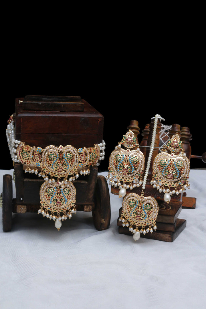 Multi Pearl Jadau Necklace Set By Punjabi Traditional Jewellery