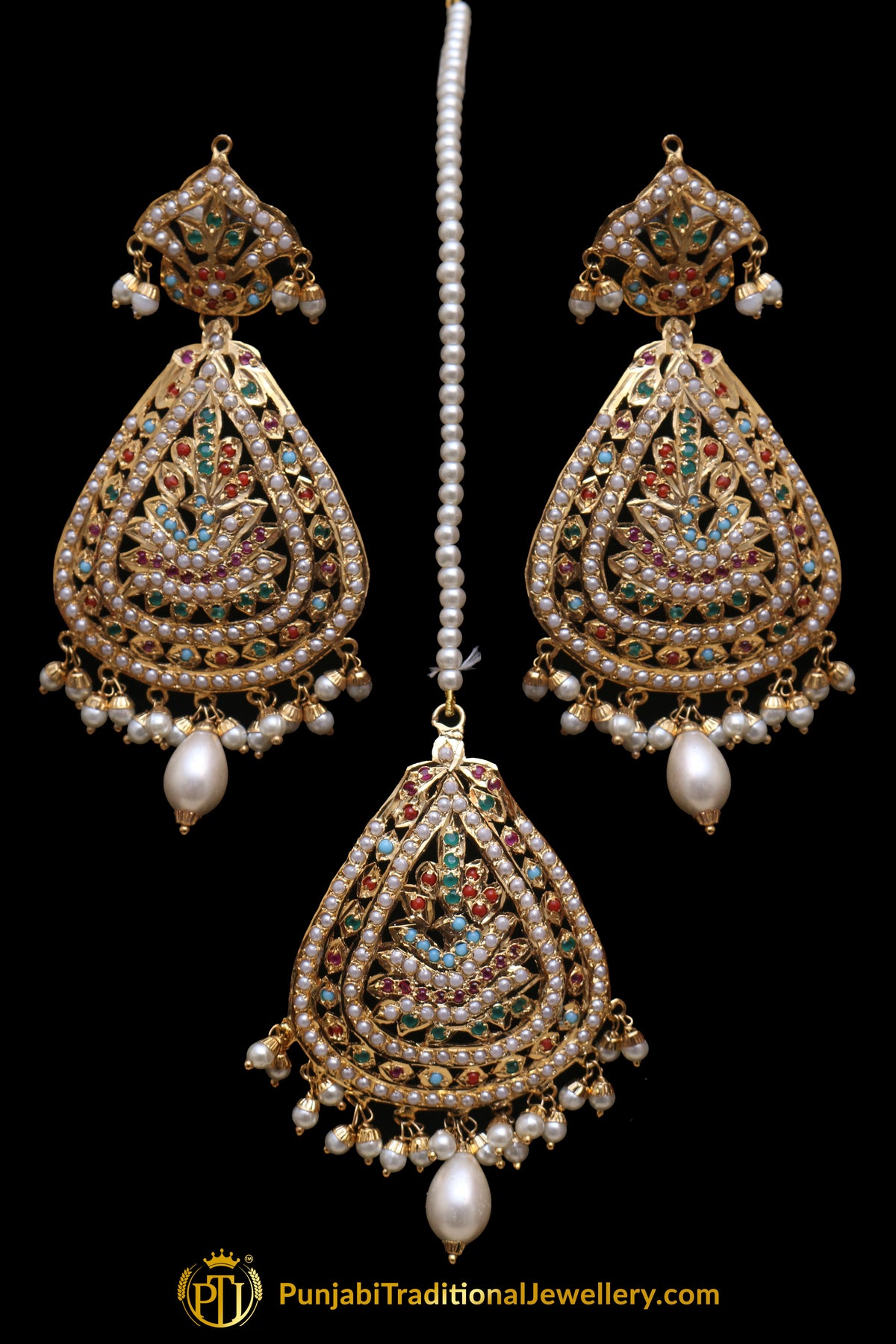 Multi Jadau Pearl Earring Tikka Set By Punjabi Traditional Jewellery