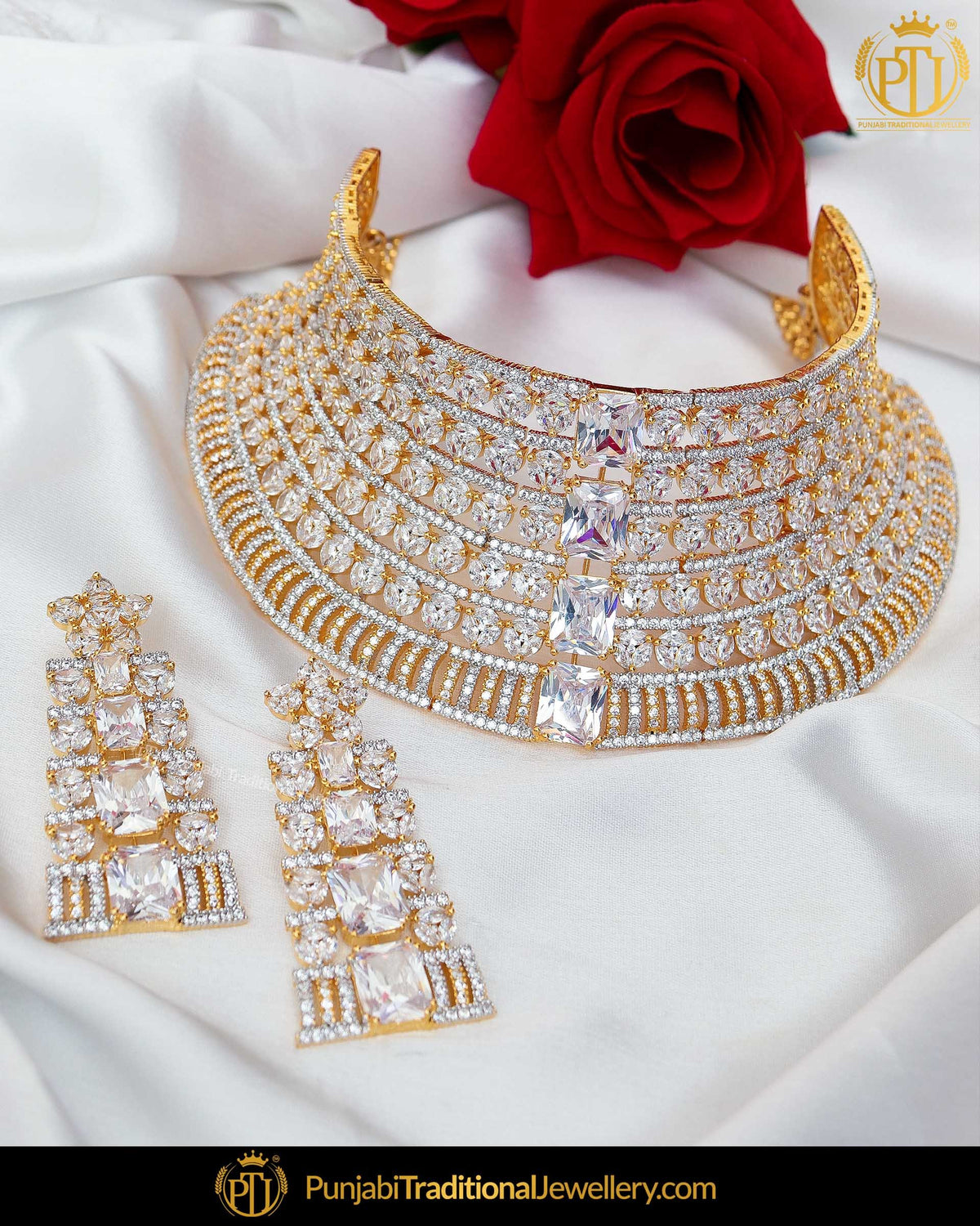 Gold Finished Amrican Diamond Bridal Choker Necklace Set  | Punjabi Traditional Jewellery Exclusive
