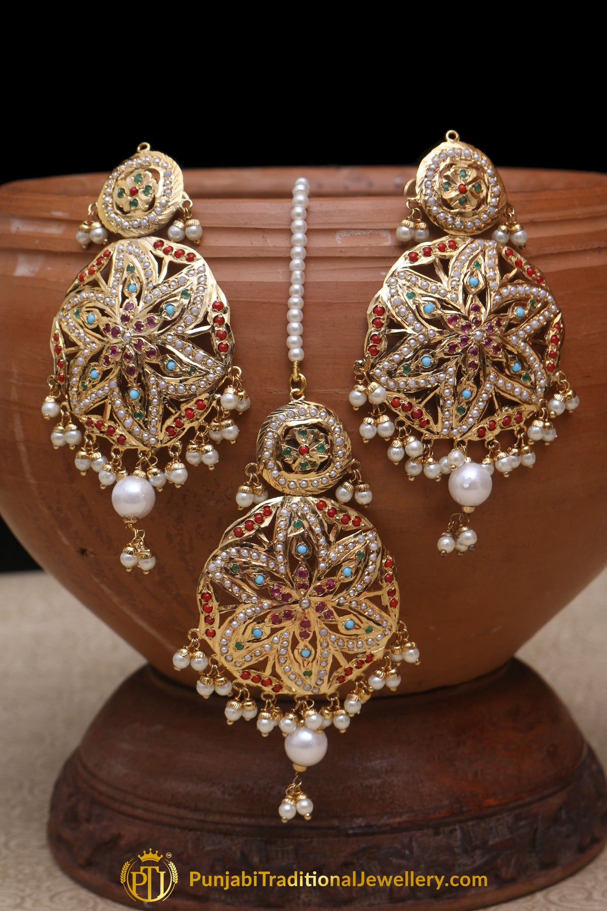 Multi Jadau Pearl Earring Tikka Set By Punjabi Traditional Jewellery