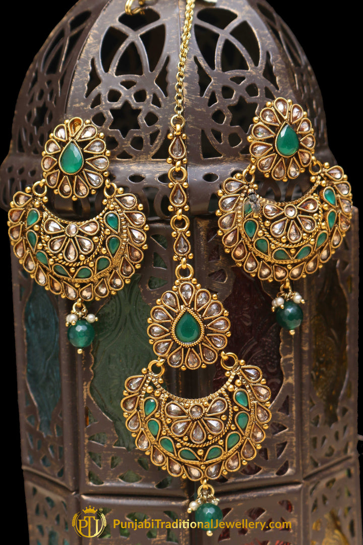 Champagne Stone Green Pearl Earring Tikka Set By Punjabi Traditional Jewellery