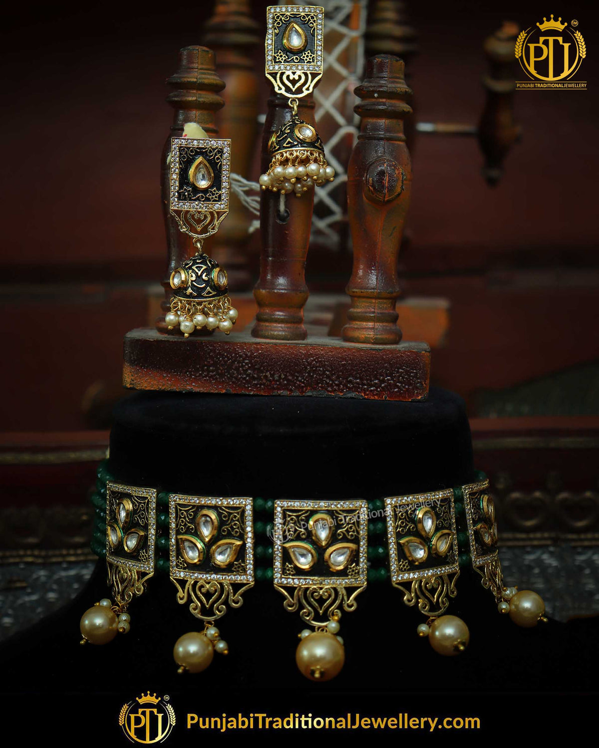 Green Hand-Painted Meena Kundan Pearl Choker Set | Punjabi Traditional Jewellery Exclusive