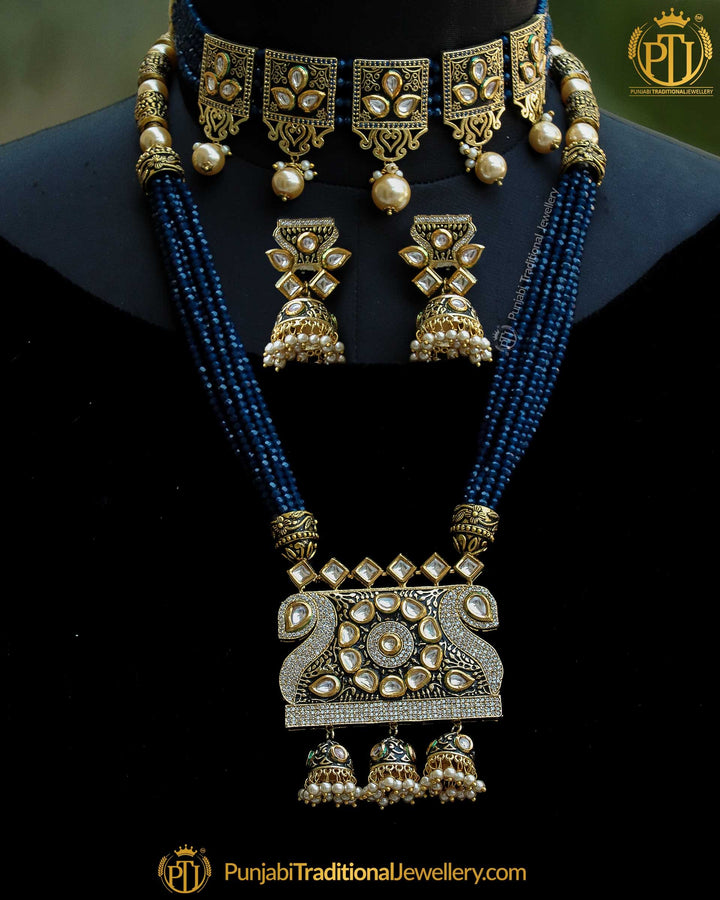 Antique Gold Finished Blue Kundan Peacock Mugal Mala & Choker Necklace Set | Punjabi Traditional Jewellery Exclusive