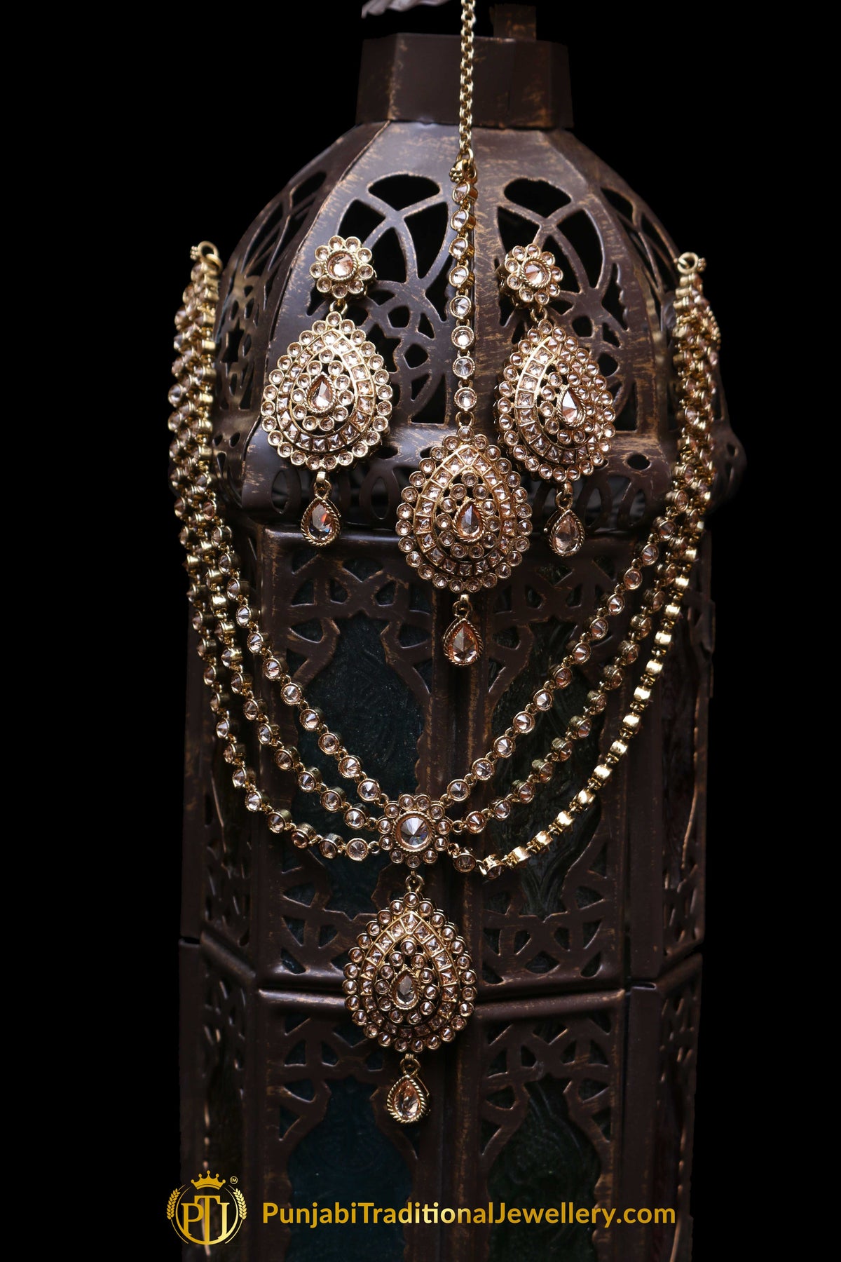 Golden Champagne Stone Necklace Set By Punjabi Traditional Jewellery