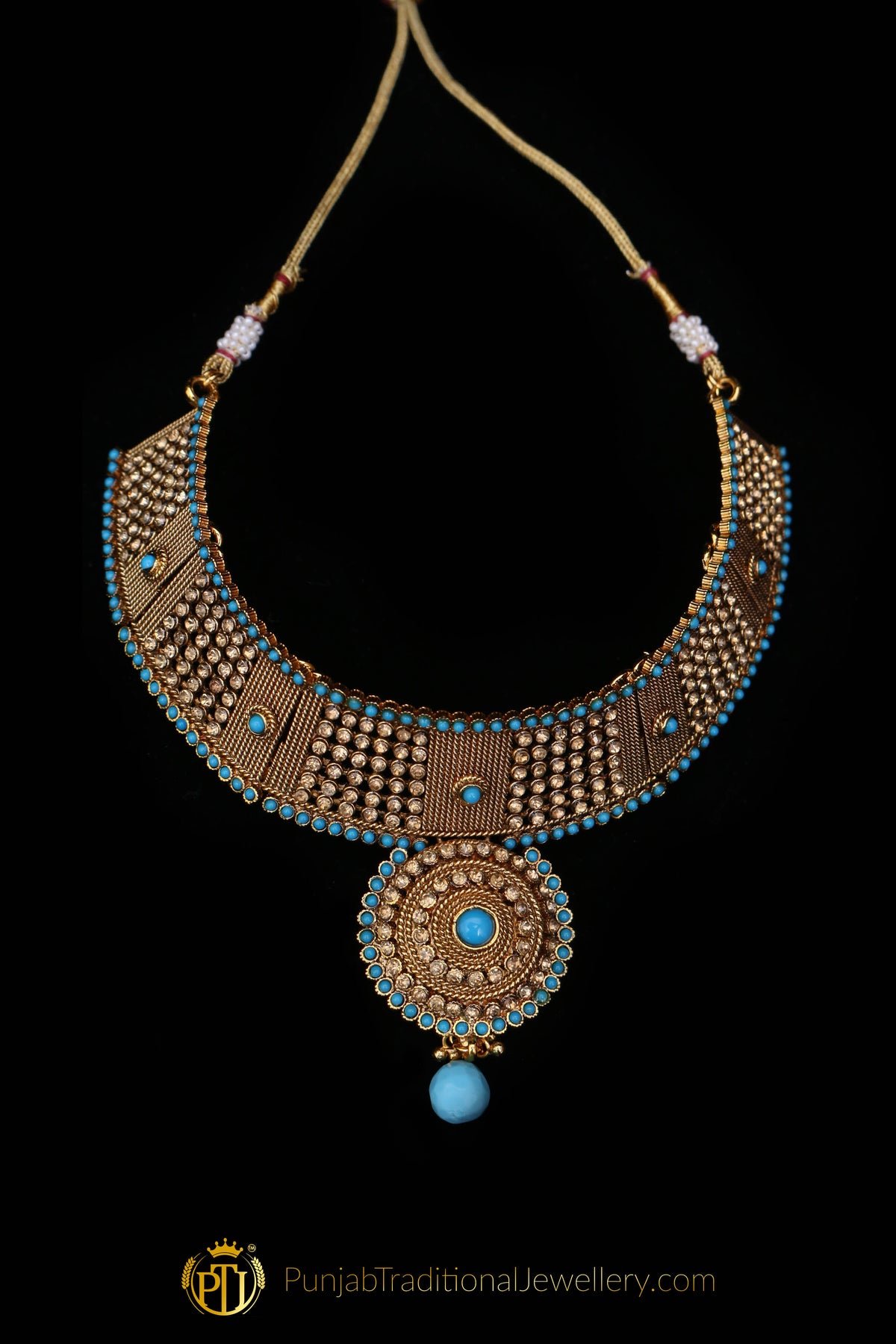 Gold Plated Firozi Champagne Stone Choker Necklace Set By Punjabi Traditional Jewellery