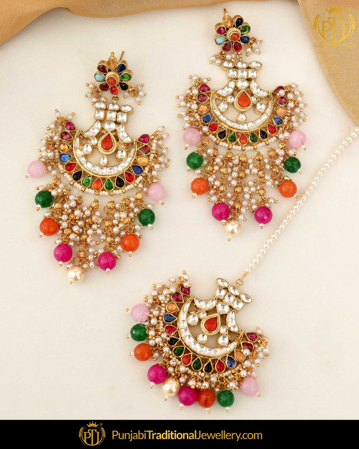 Gold Finished Navratan Kundan Pearl Earring Tikka Set | Punjabi Traditional Jewellery Exclusive