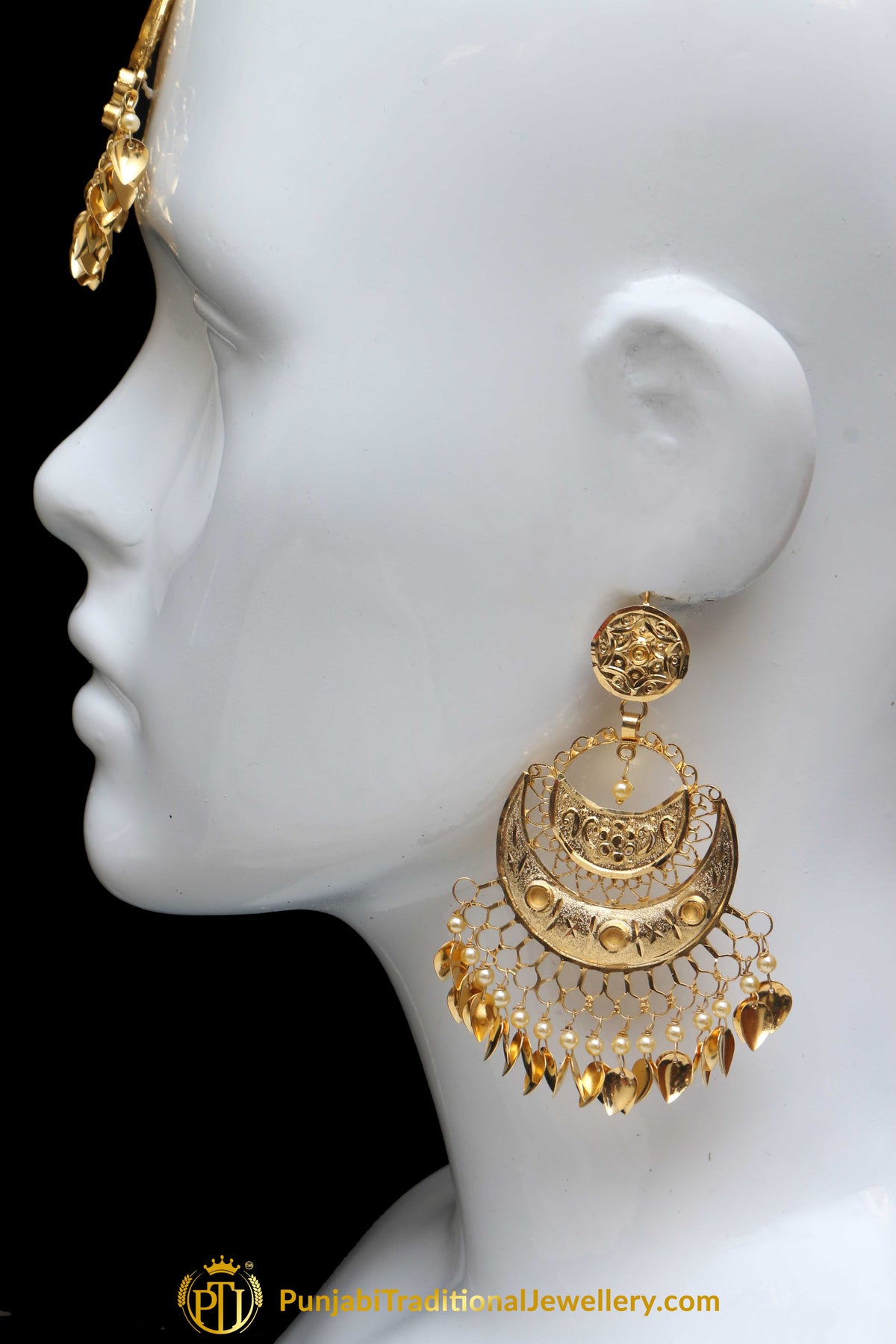 Golden Pippal Patti Earring Tikka Set By Punjabi Traditional Jewellery