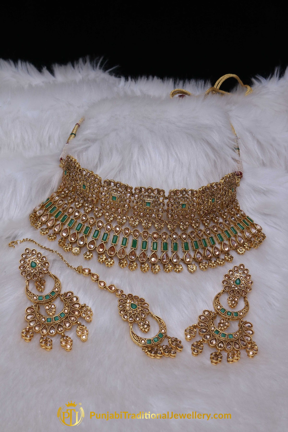 Green Champagne Stone Choker Necklace Set By Punjabi Traditional Jewellery