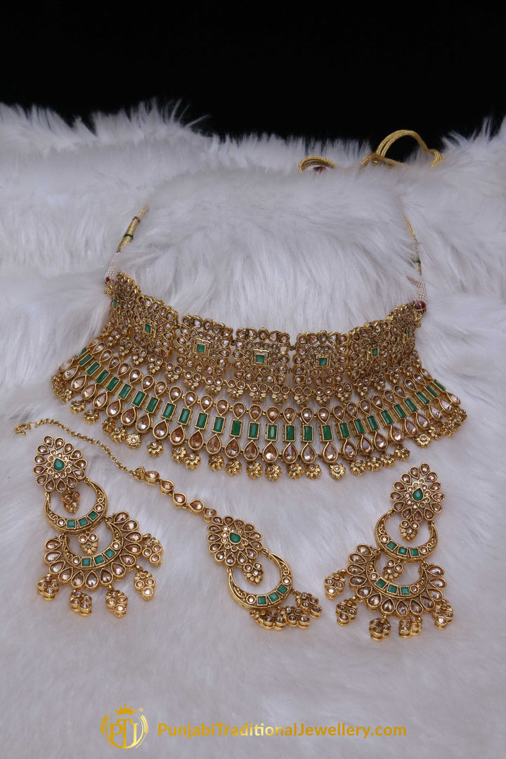 Green Champagne Stone Choker Necklace Set By Punjabi Traditional Jewellery