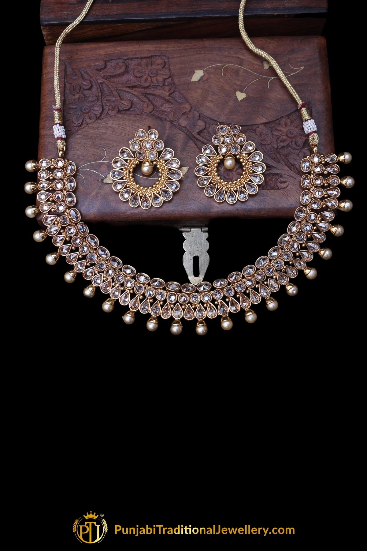 Golden White Pearl Polki Necklace Set By Punjabi Traditional Jewellery