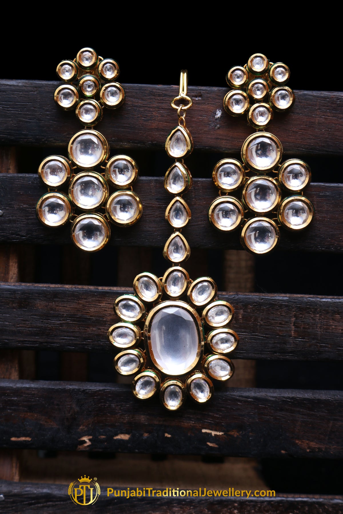Golden Kundan Earring Tikka Set By Punjabi Traditional Jewellery