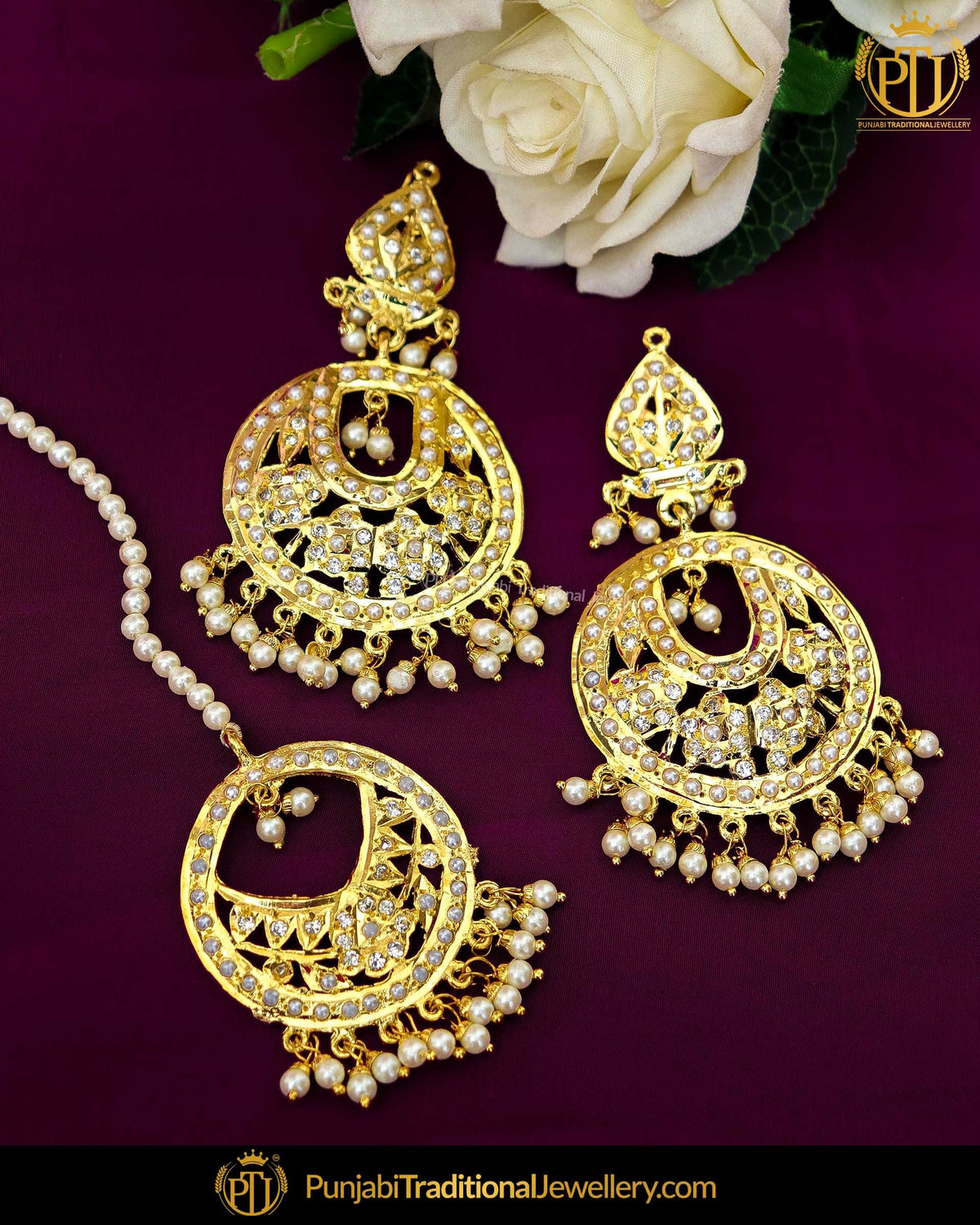 Gold Finished Jadau Pearl Earring Tikka Set | Punjabi Traditional Jewellery Exclusive