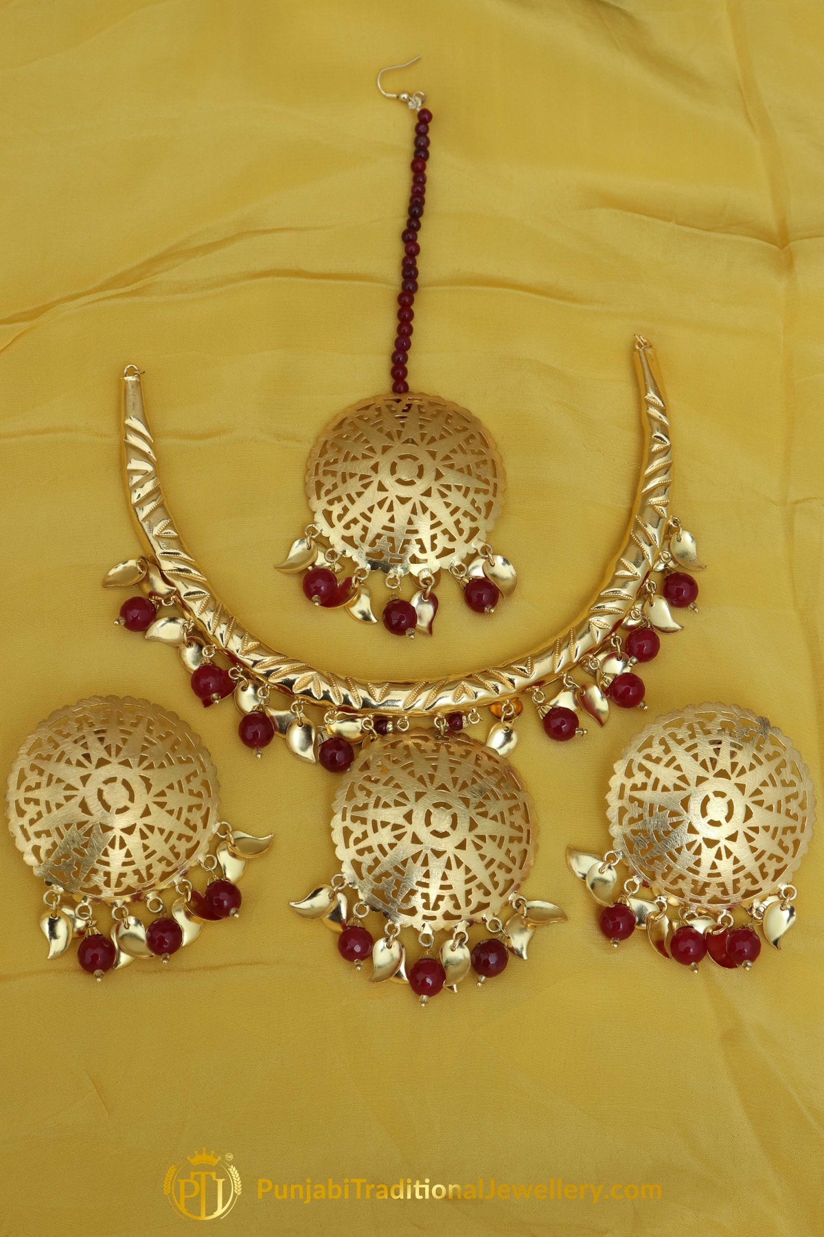 Hayam Gold Finished Rubby Pippal Patti Hasli Necklace, Tikka & Kundan Earrings | Punjabi Traditional Jewellery Exclusive