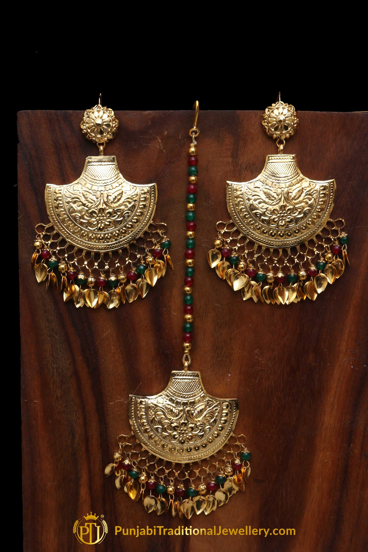 Red Green Pippal Patti Earring Tikka Set By Punjabi Traditional Jewellery
