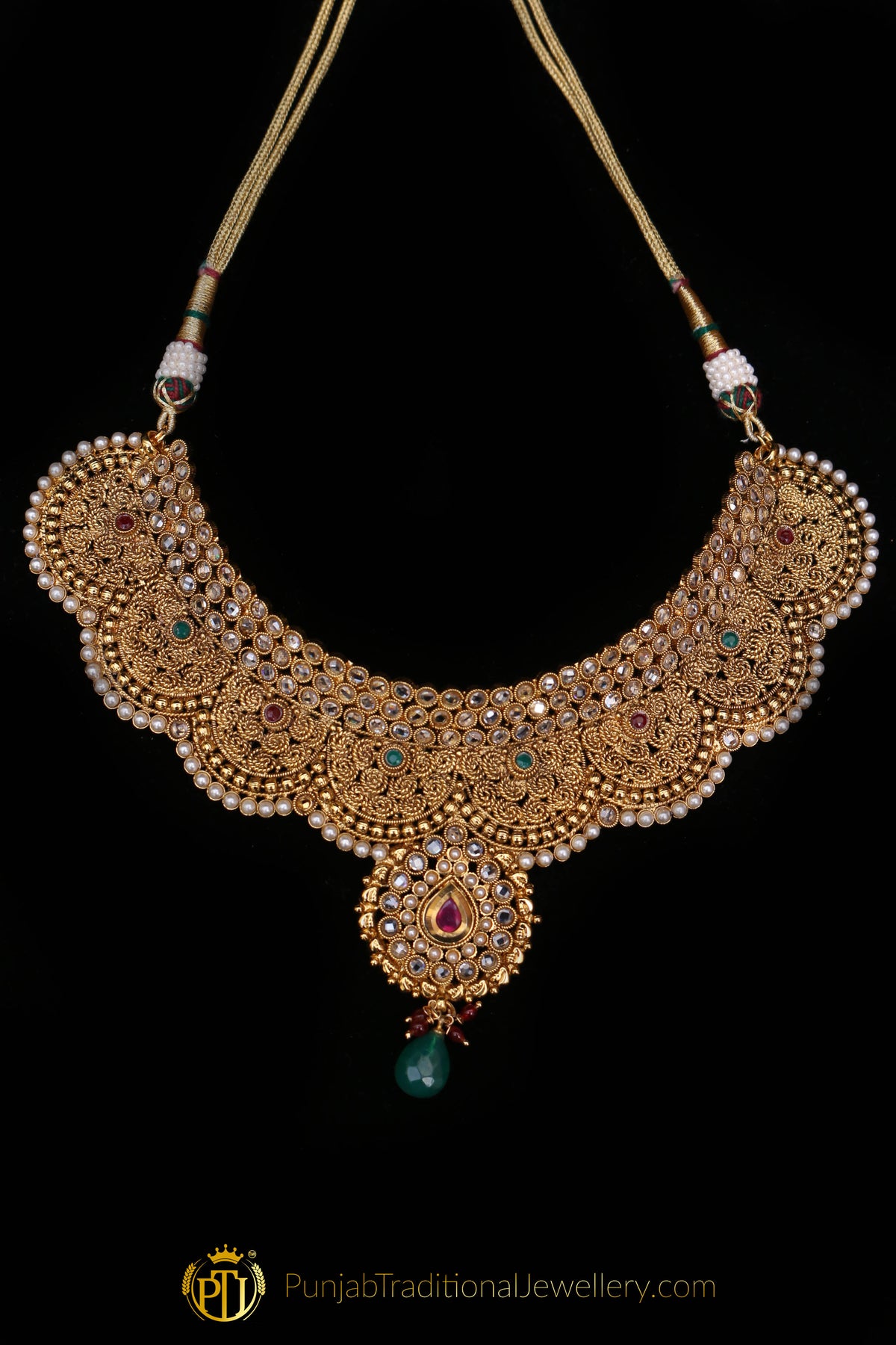 Red Green Antique Gold Polki Choker Necklace Set By Punjabi Taditional Jewellery