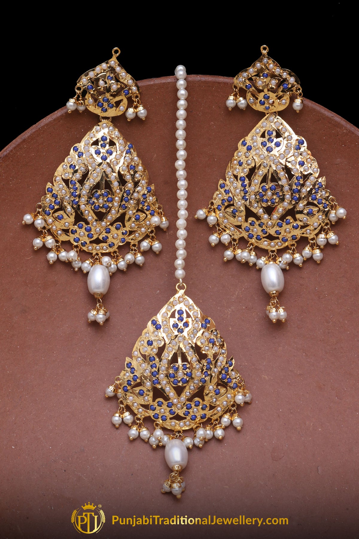 Blue Jadau Pearl Earring Tikka Set By Punjabi Traditional Jewellery