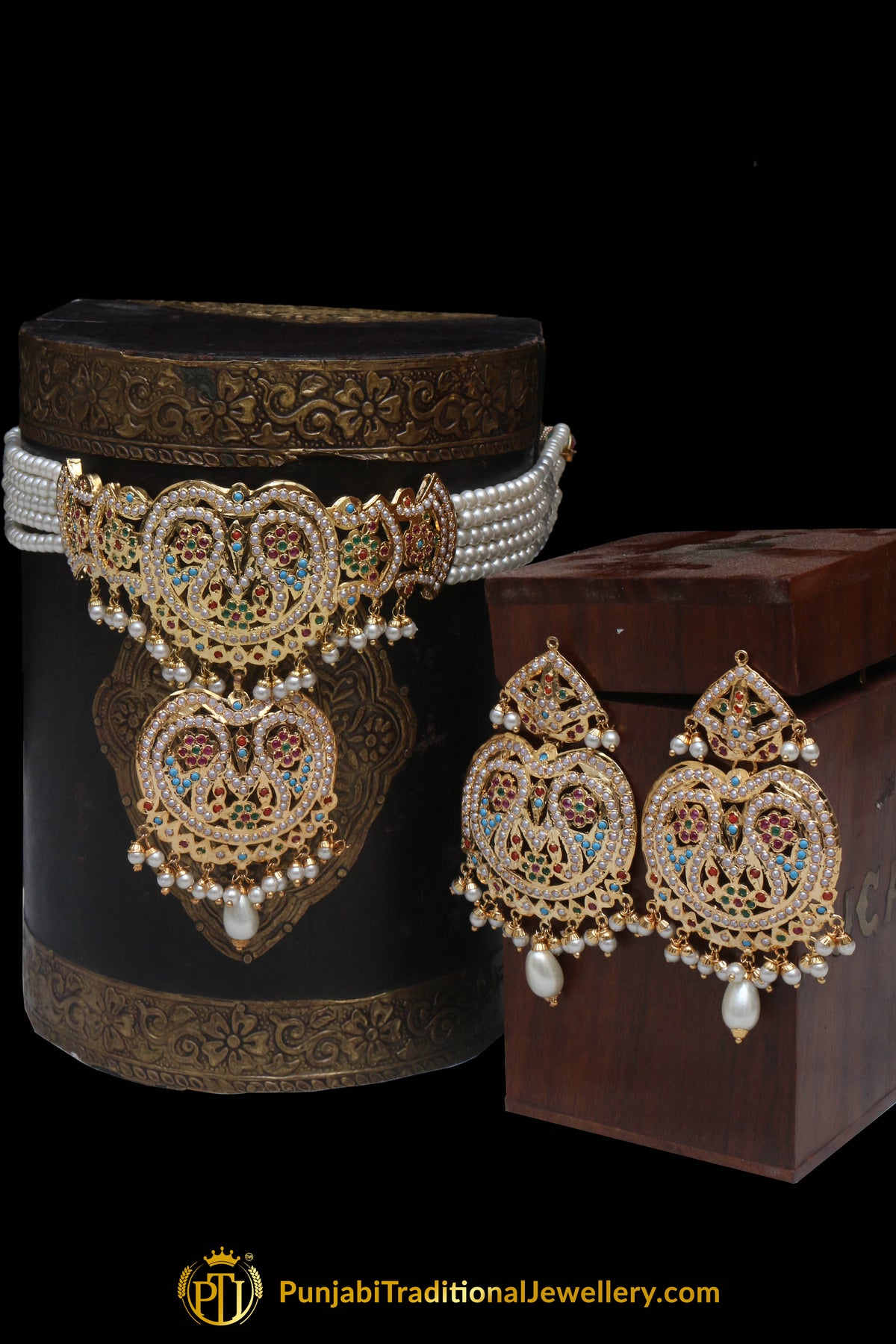 Multi Pearl Jadau Necklace Set By Punjabi Traditional Jewellery