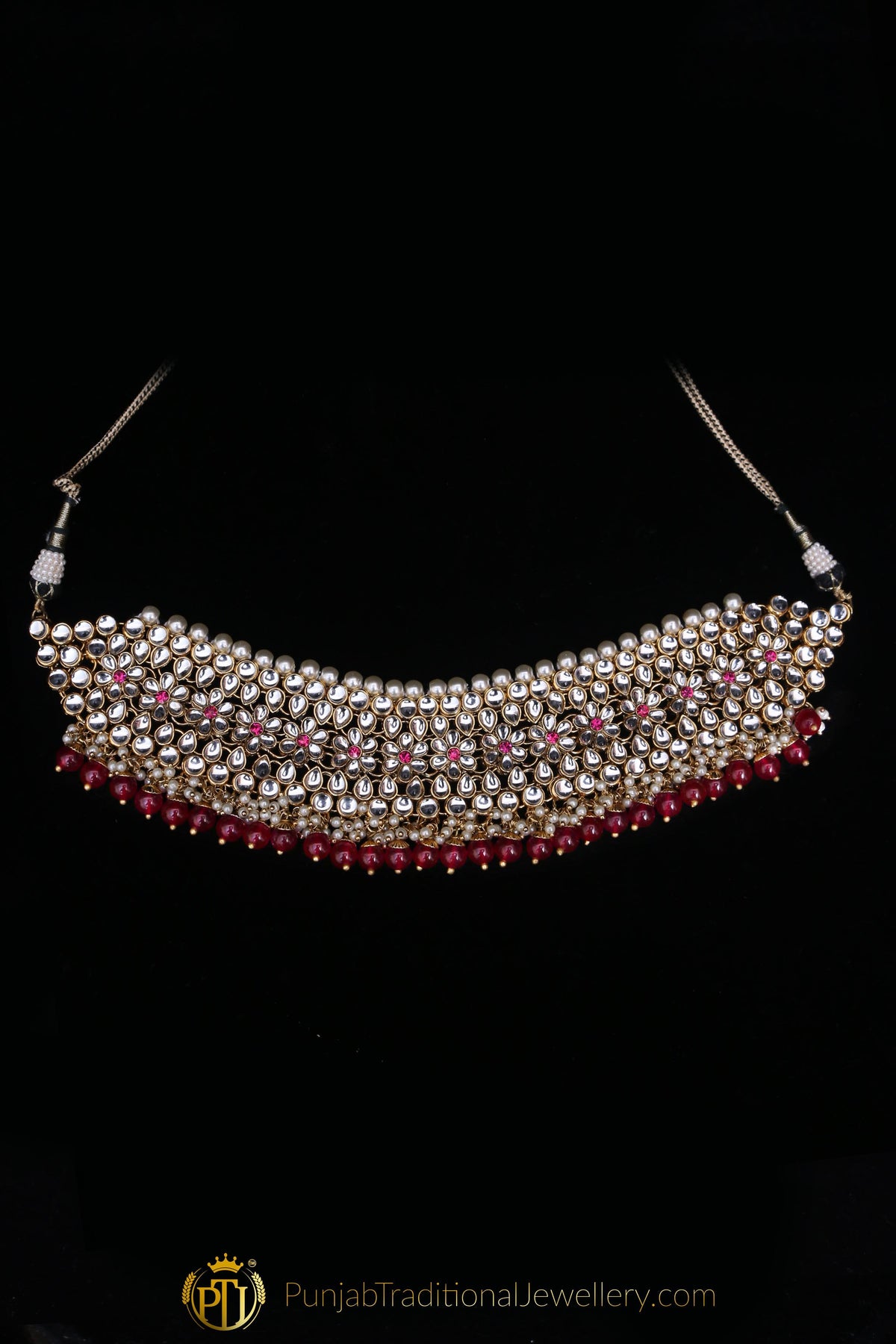 Maroon Pearl Kundan Choker Necklace Set By Punjabi Traditional Jewellery