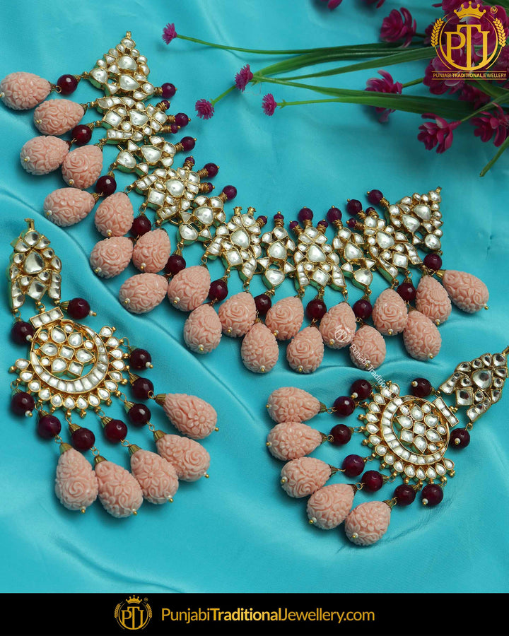 Peach Rubby Pearl Kundan Necklace Set | Punjabi Traditional Jewellery Exclusive