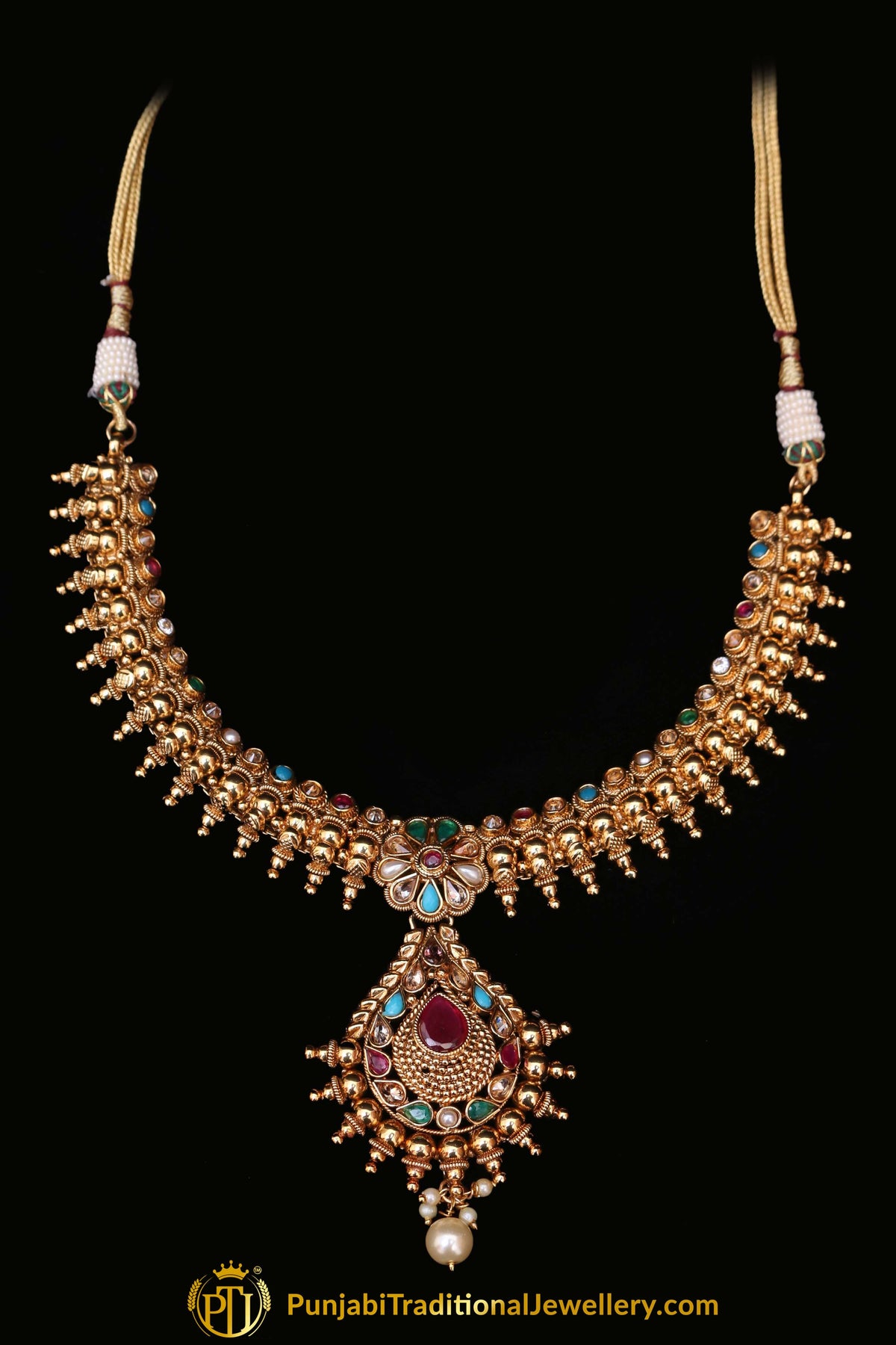 Multi Polki Antique Gold Nacklace Set By Punjabi Traditional Jewellery