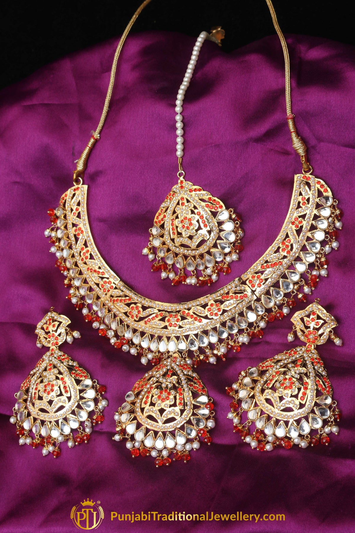 Red Jadau Pearl Kundan Necklace Set By Punjabi Traditional Jewellery