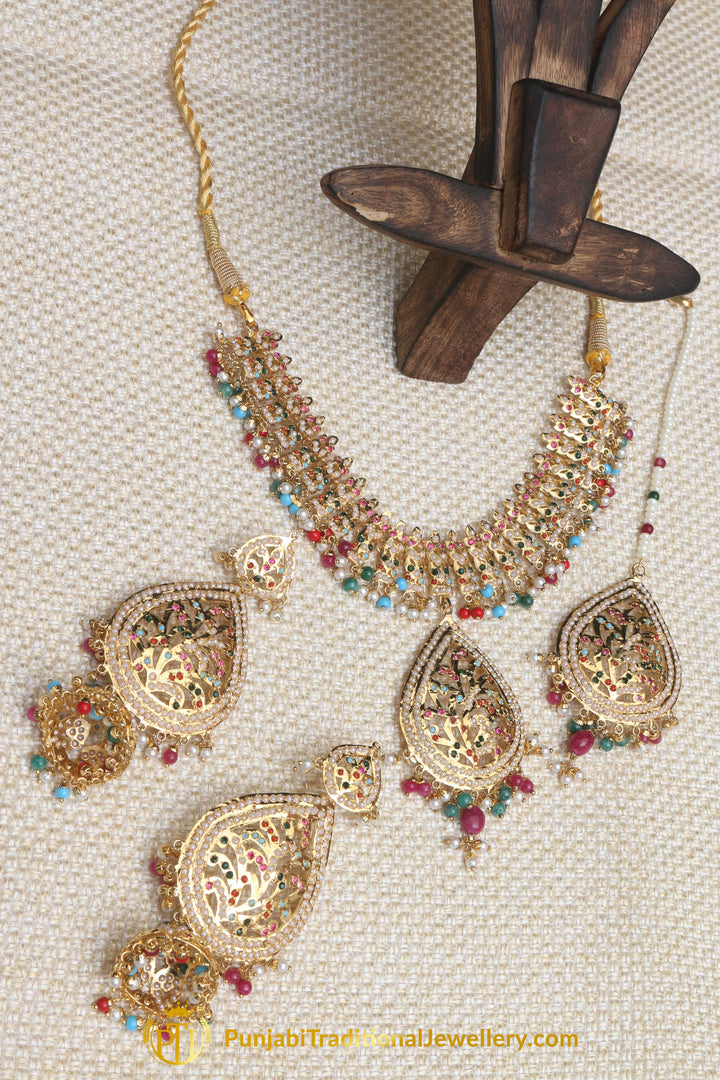 Multi Jadau Pearl Necklace Set By Punjabi Traditional Jewellery