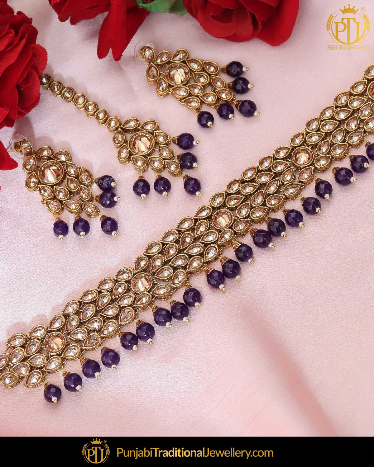 Gold Finished Blue Chamapgne Stone Pearl Choker Necklace Set | Punjabi Traditional Jewellery Exclusive