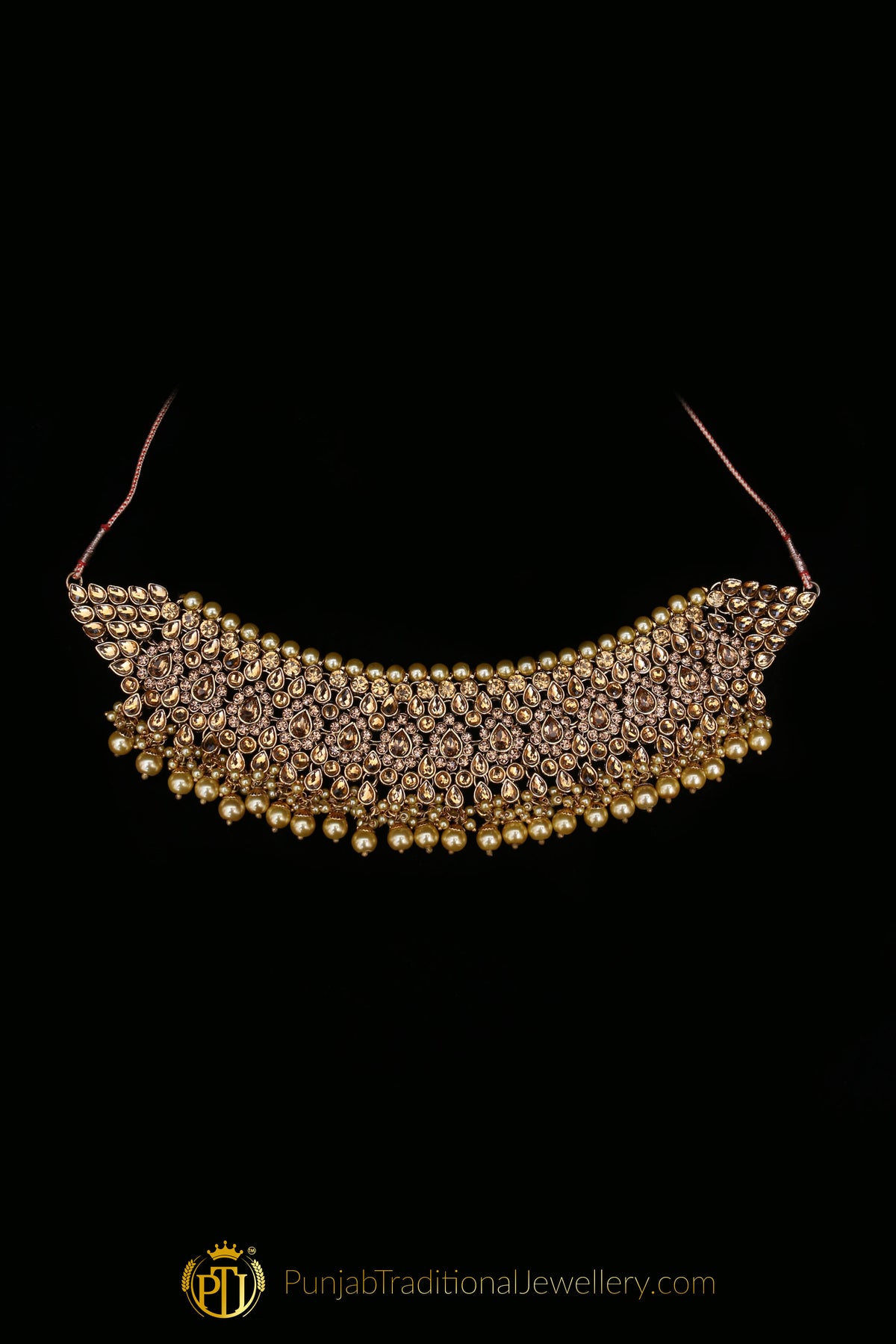 Golden Kundan Stone Pearl Necklace Set By Punjabi Traditional Jewellery