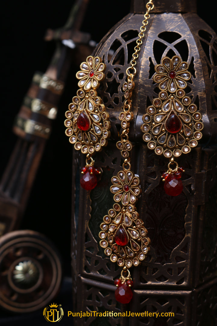 Red Champagne Stone Earring Tikka Set By Punjabi Traditional Jewellery