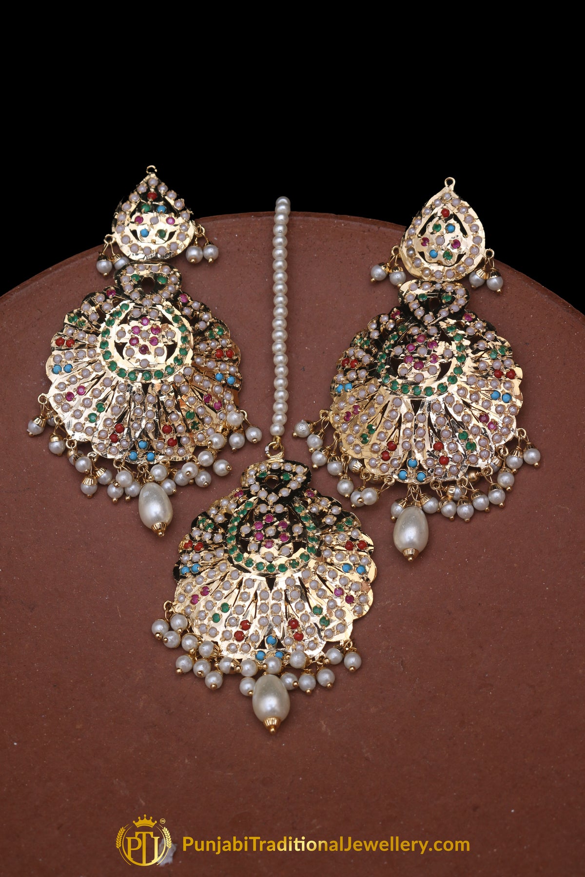 Multi Jadau Pearl Earring Tikka Set By Punjabi Traditional Jewellery