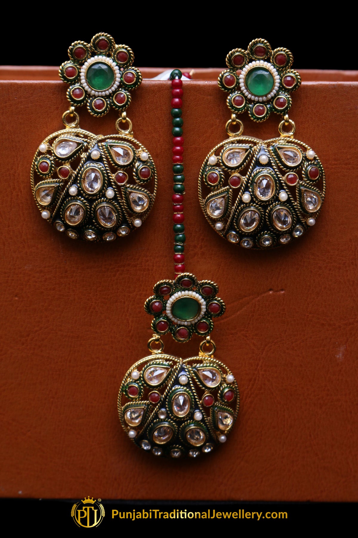 Multi Meena Polki Earring Tikka Set By Punjabi Traditional Jewellery