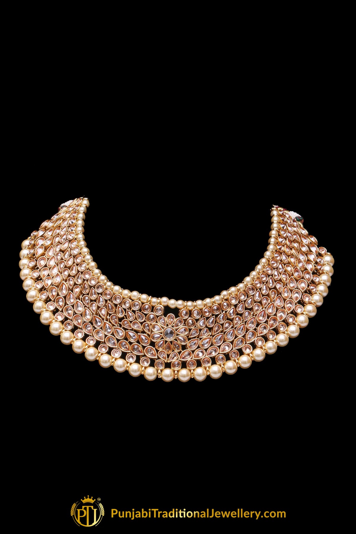 Pearl Champagne Stone Necklace Set By Punjabi Taditional Jewellery