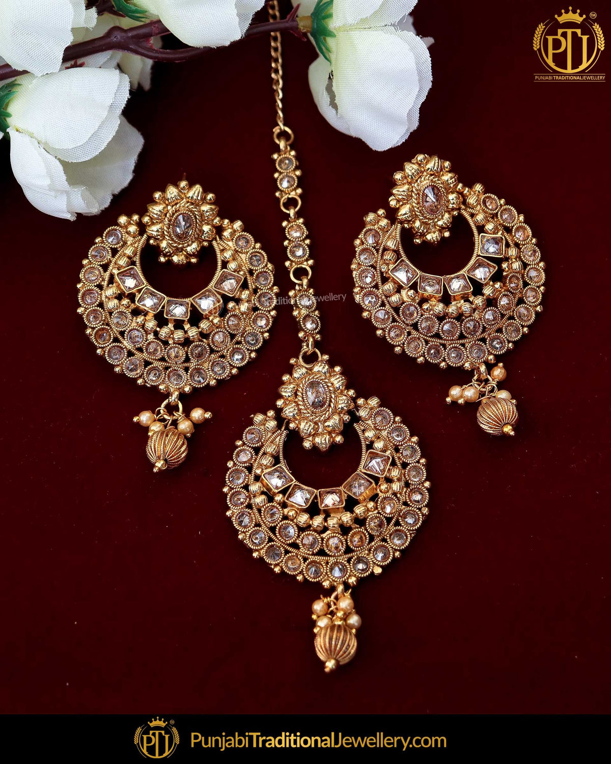 Gold Finished Chamapgne Stone Pearl Earring Tikka Set | Punjabi Traditional Jewellery Exclusive