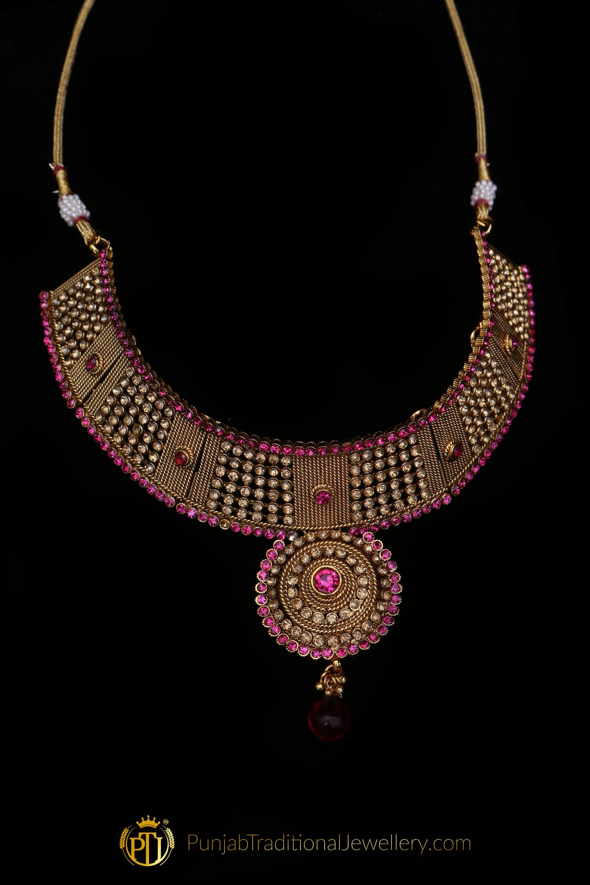 Gold Plated Pink Champagne Stone Choker Necklace Set By Punjabi Traditional Jewellery